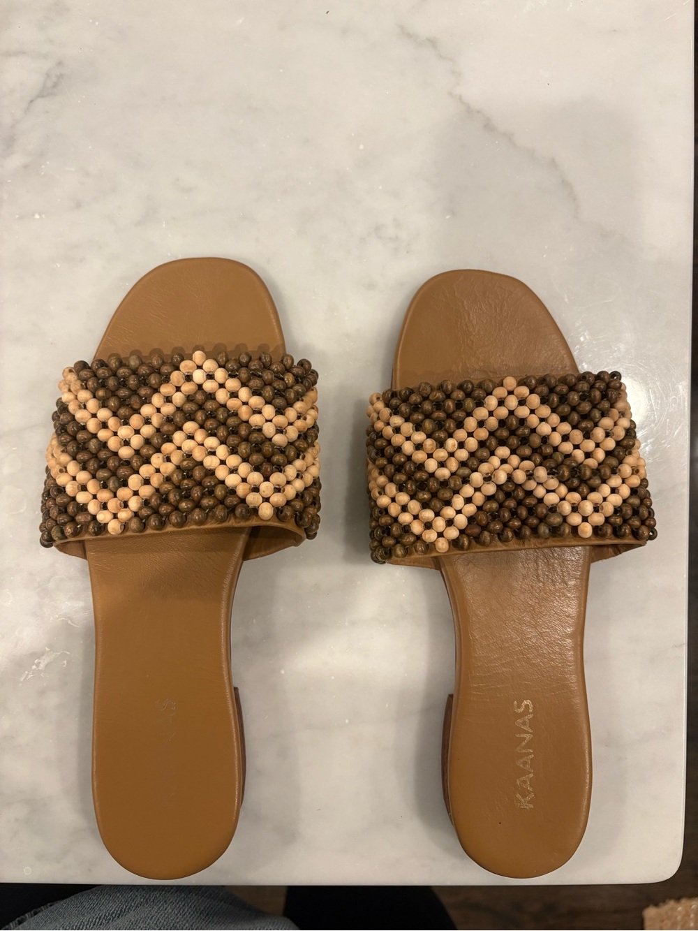 Kaanas Brown and Beige Beaded Slide Mules